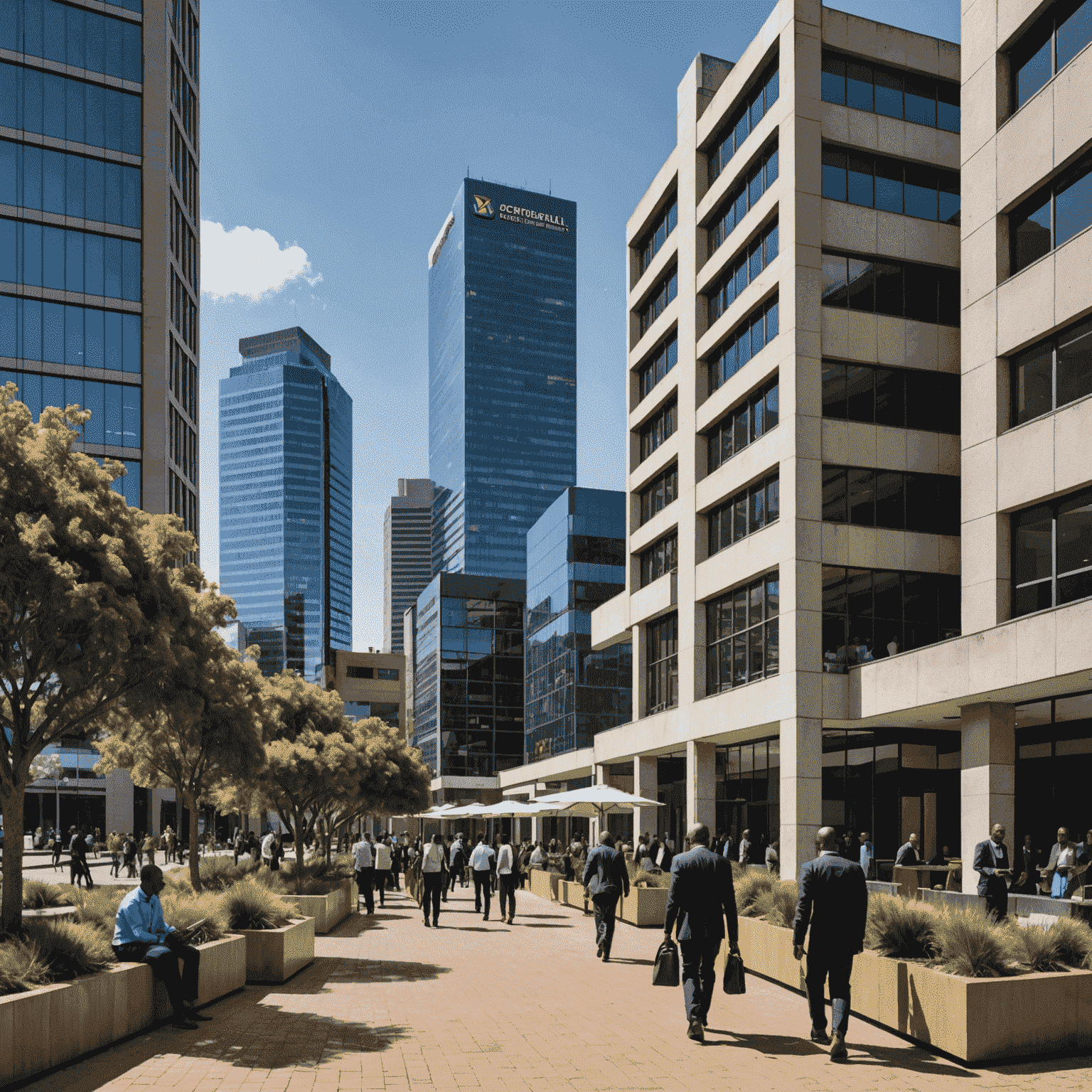 An image depicting a diverse business landscape in South Africa, with modern office buildings, small businesses, and entrepreneurs working together