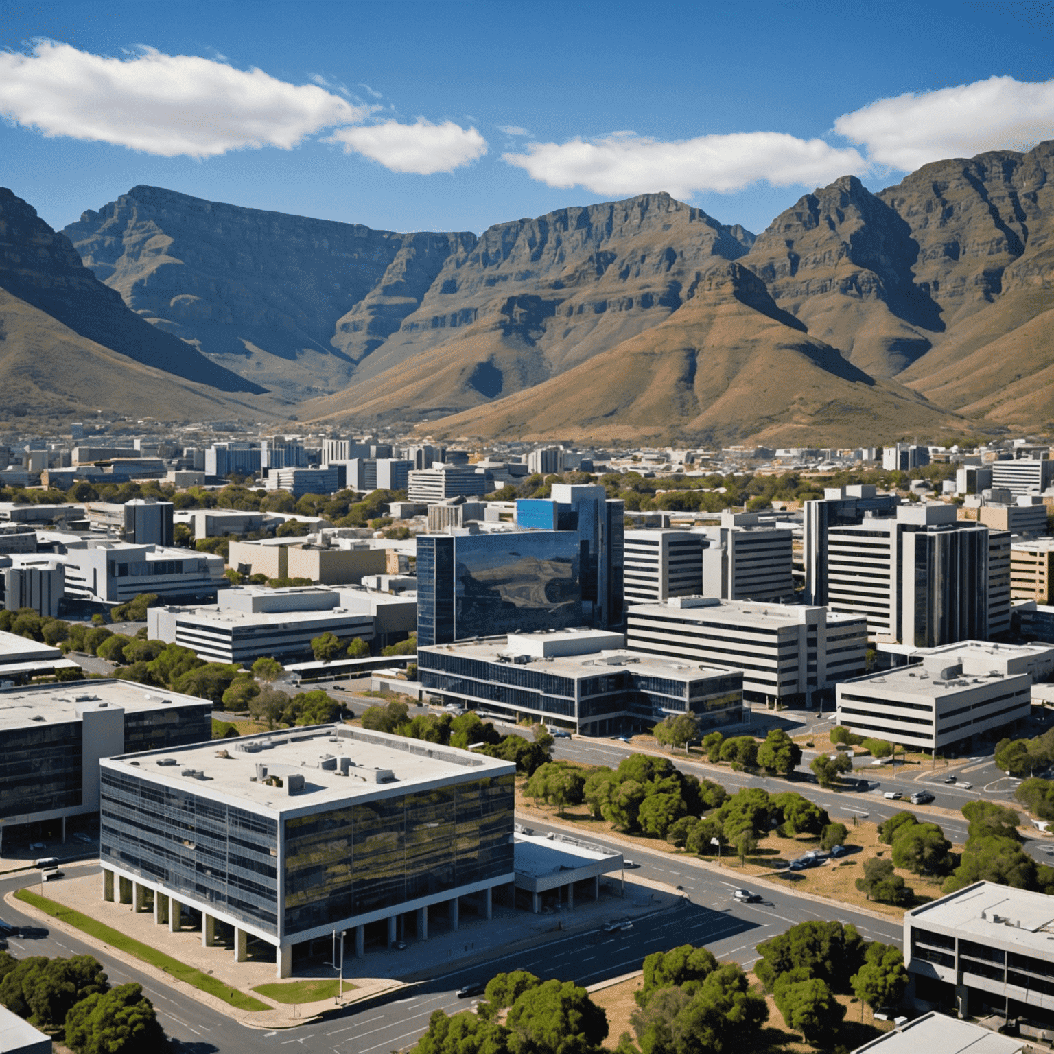 A scenic view of the South African business landscape, with modern office buildings set against a backdrop of mountains and blue sky.