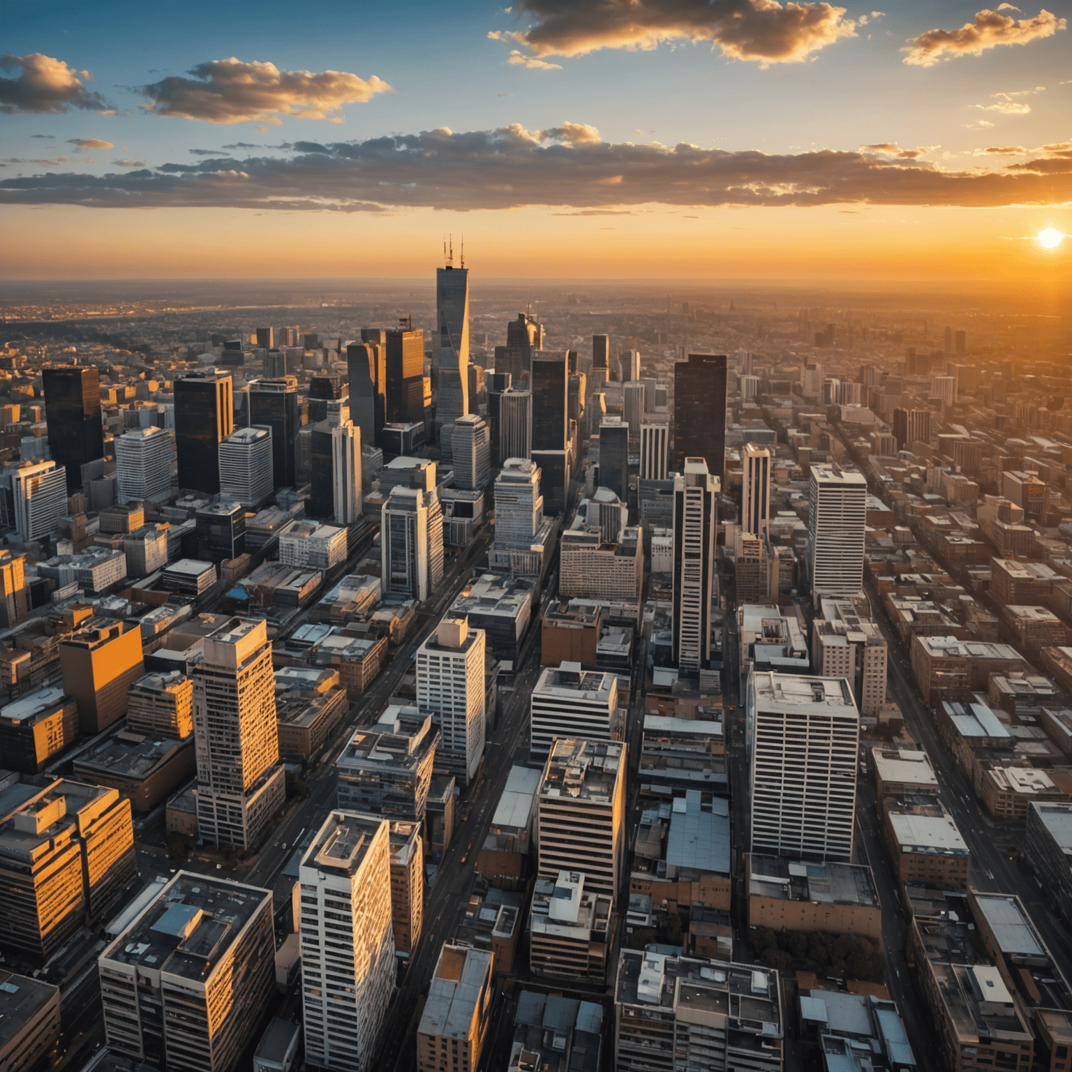 Aerial view of Johannesburg skyline at sunset, showcasing the bustling business district