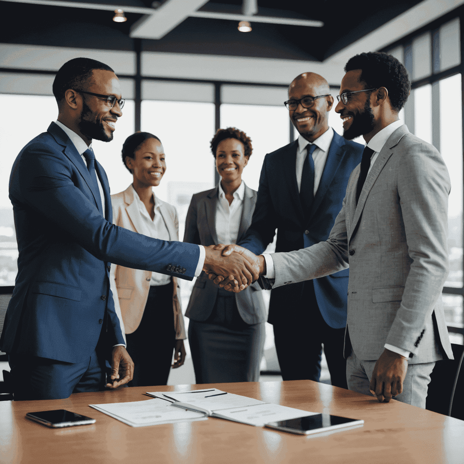 Business professionals shaking hands in a modern office setting in South Africa, signifying a partnership for growth through consulting