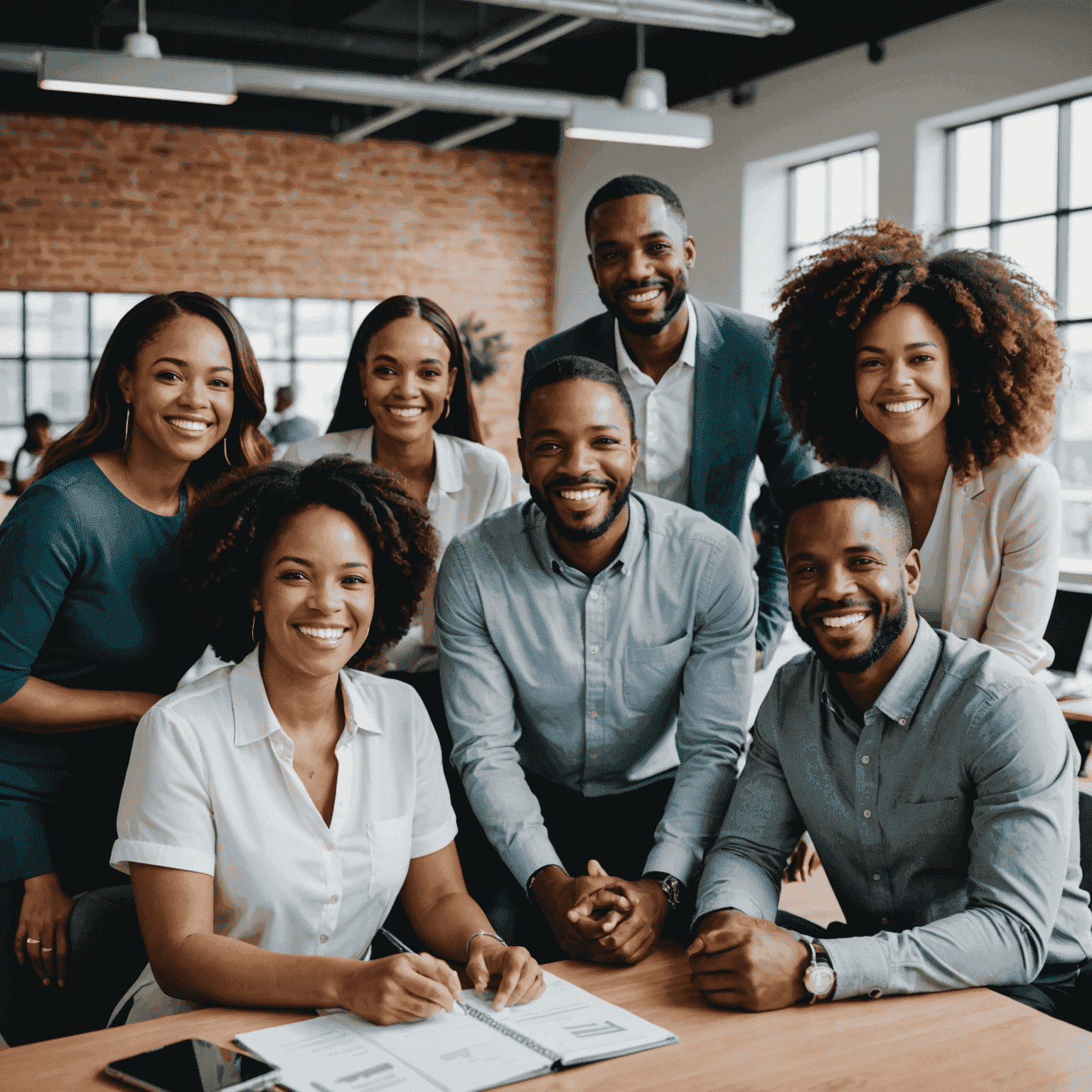 A group of diverse South African entrepreneurs smiling and collaborating in a modern office space.