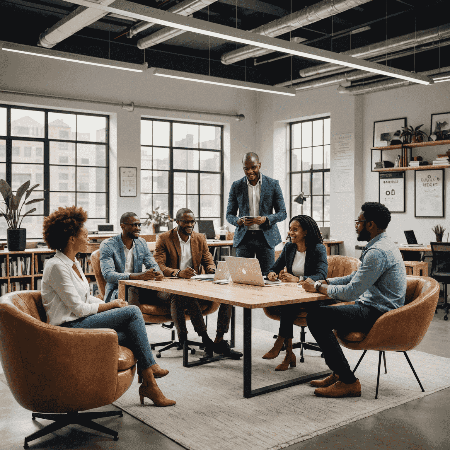 A group of diverse South African entrepreneurs collaborating in a modern office space, symbolizing the spirit of innovation and collaboration