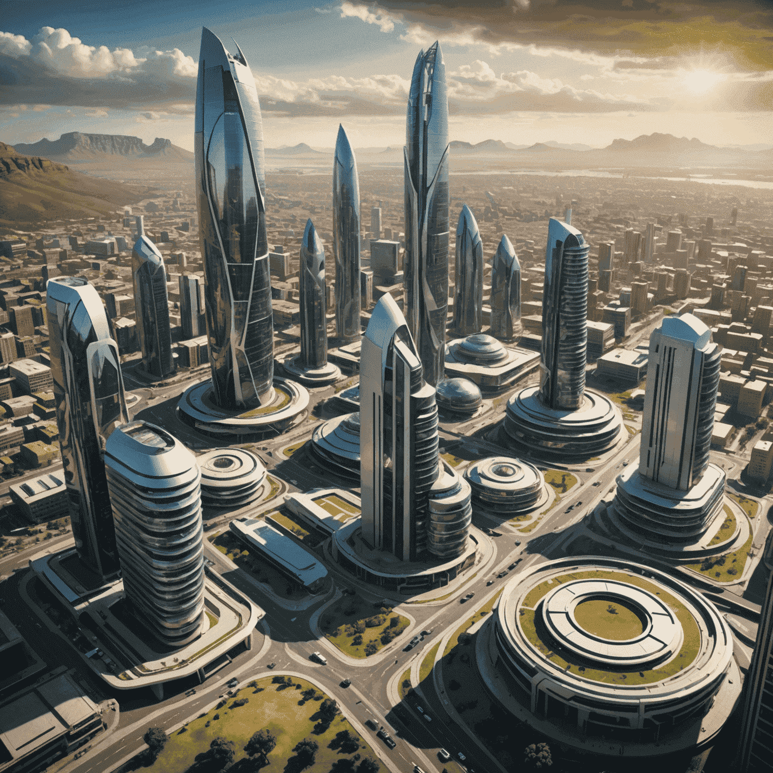 A futuristic cityscape of South Africa, with high-tech buildings and sustainable infrastructure.